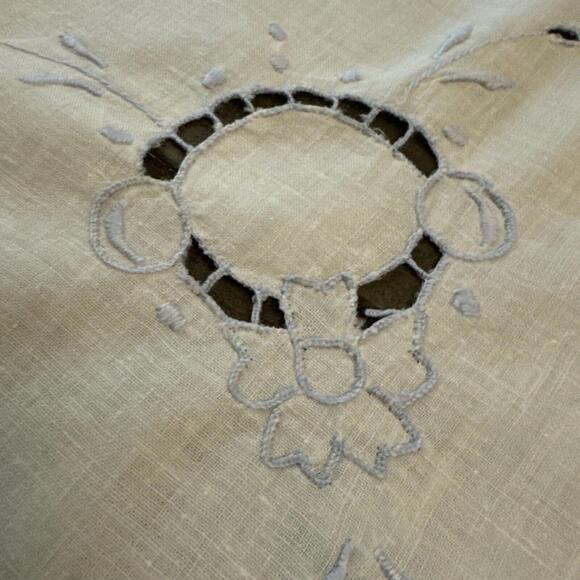 Vintage White/Blue Floral Embroidered Square Cotton Table Cloth 29"x32" - Picture 2 of 6